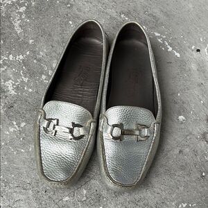 Ferragamo silver metallic driving shoes